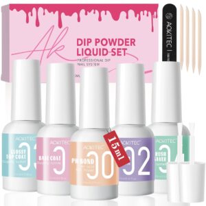Aokitec 5x15ml Dip Powder Liquid Set, 13PCS Nail Art Kit with Bond, Activator, Glossy Top Coat, Brush Saver - Basic Nail Tools & Salon Home DIY French Manicure