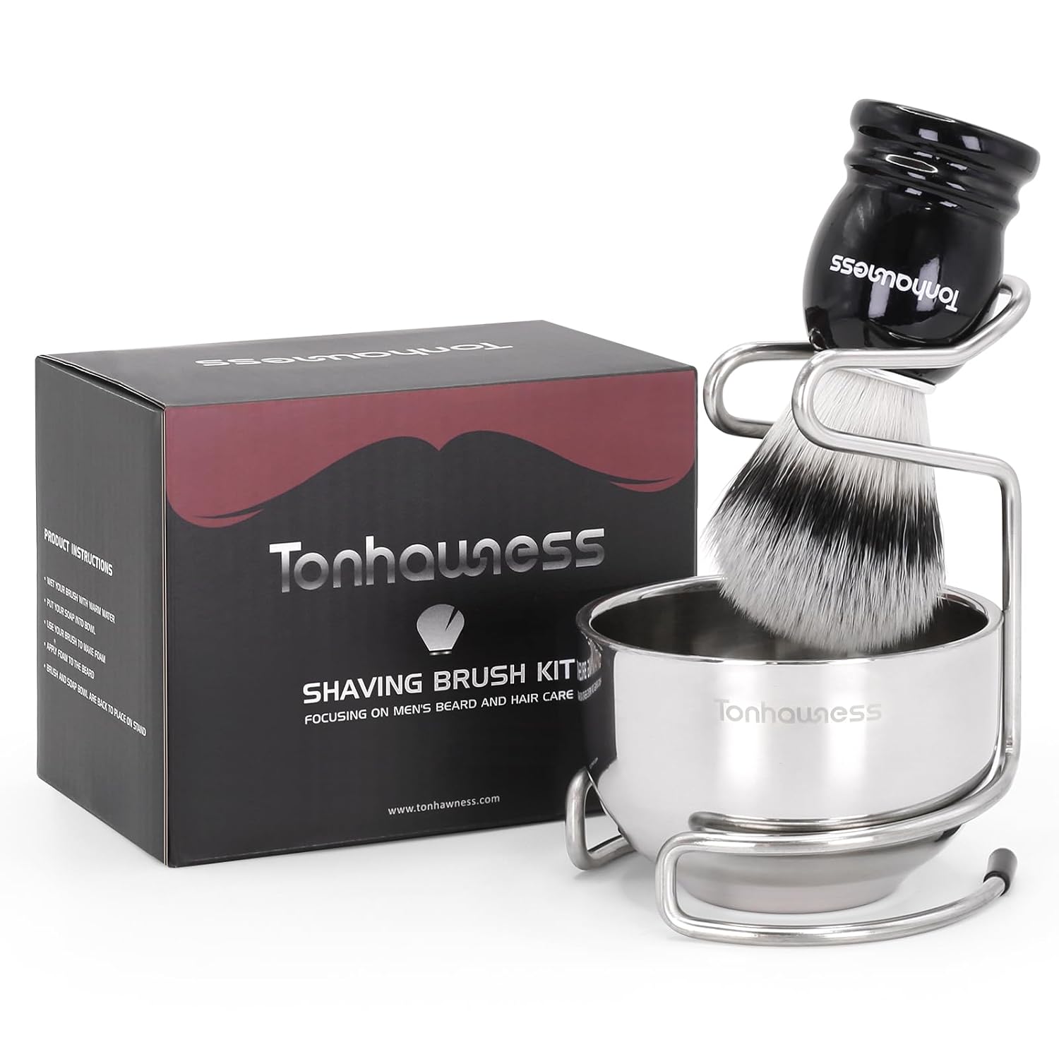 Shaving Brush Kit for Men, 3 in 1 Shave Brush Set Includes Nylon Bristle Shaving Brushes, 3 Layers Stainless Steel Shaving Bowl and Stand Holder Kit for Wet Shave Gift