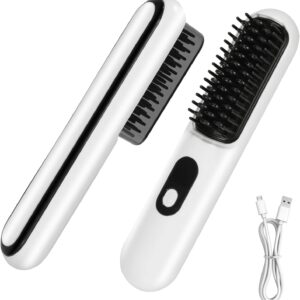 JIAN YA NA Cordless Hair Straightener Brush, Mini Portable Straightening Brush, USB Rechargeable, Negative Ion Hot Comb, White, 1.69 inches