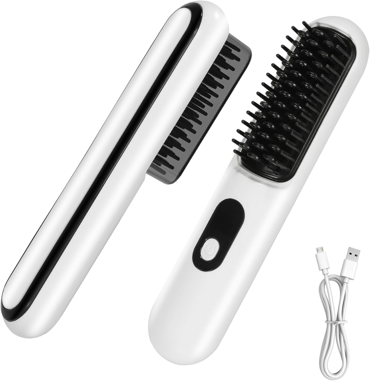JIAN YA NA Cordless Hair Straightener Brush, Mini Portable Straightening Brush, USB Rechargeable, Negative Ion Hot Comb, White, 1.69 inches