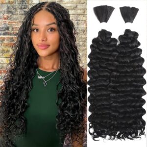 Human Braiding Hair for Boho Braids 12A Deep Water Wave Braiding Hair 100% Human Hair Unprocessed Brazilian Virgin Hair for 2 Bundles/Pack 100g Micro Braiding No Weft (1B-Natural Black-Deep, 18Inch)