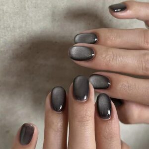 GLAMERMAID Press on Nails Short Oval, Black Cat Eyes Spring Summer Handmade Gel Glue on Nails, 24Pcs Glossy Round Reusable UV Finish Fake Nails Acrylic False Nails Manicure Kits for Women
