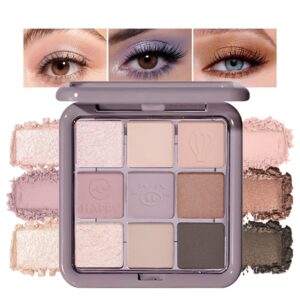 9 Colors Matte Shimmery Eyeshadow Palette for Women, Purple Violet Champagne Nude Pink Mauve Brown Taupe Eyeshadow Palette Long Lasting Waterproof Eye Shimmer Natural Velvety Finish Look 02