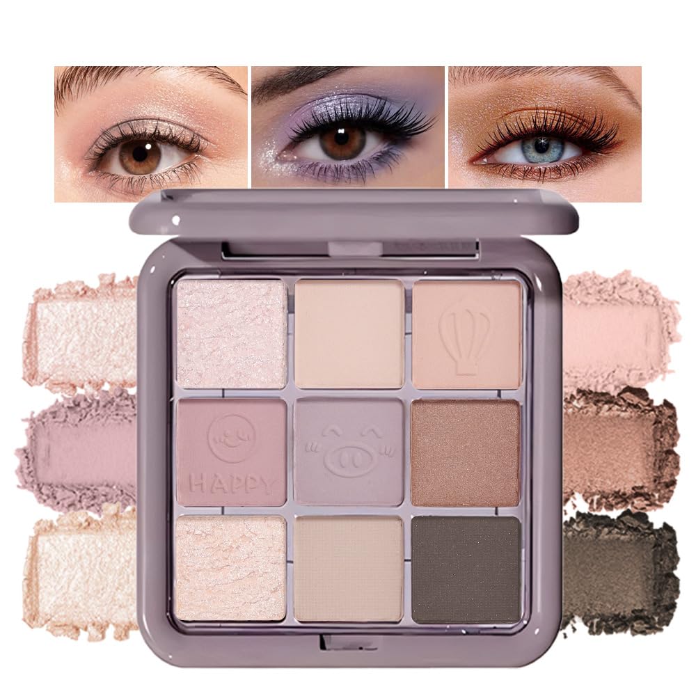 9 Colors Matte Shimmery Eyeshadow Palette for Women, Purple Violet Champagne Nude Pink Mauve Brown Taupe Eyeshadow Palette Long Lasting Waterproof Eye Shimmer Natural Velvety Finish Look 02