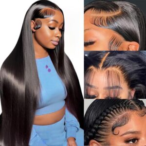 Azkiu 32 Inch Straight Lace Front Wigs Human Hair 13x4 HD Transparent Lace Front Wigs for Women Brazilian Virgin Hair Lace Frontal Wig 180% Density Pre Plucked with Baby Hair Hairline Natural Color
