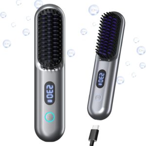 Cordless Hair Straightener Brush - Portable Straightener Brush with 9 Temp Settings, Mini Straightening Comb for Travel, 9600mAh Rechargeable Batt & 224 Million Negative Ions (Metallic Grey)