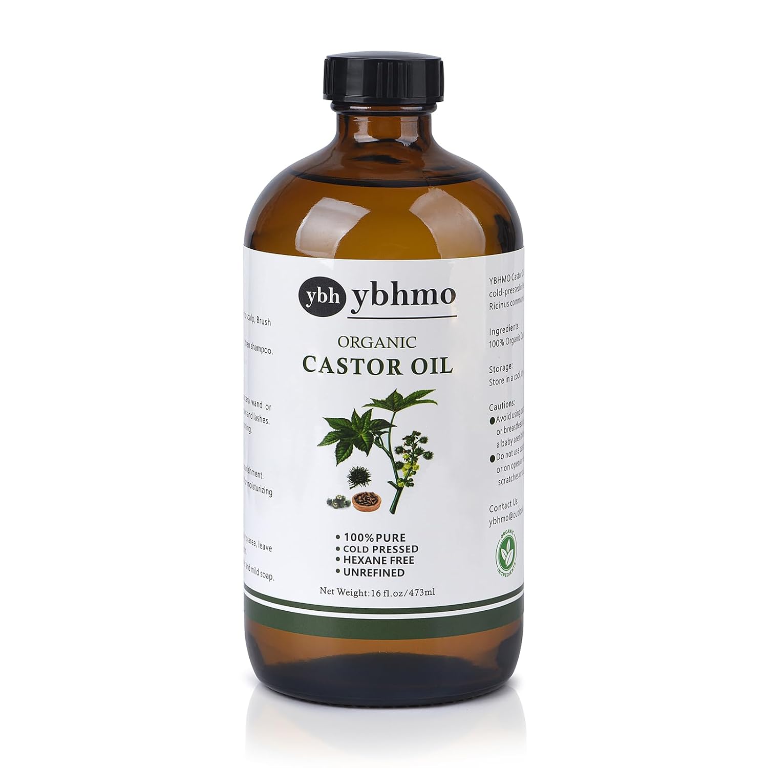 Cold Pressed Castor Oil Organic Glass Bottle(16 Fl Oz),100% Pure &Hexane Free, Castor Oil for Hair Growth & Care, Thicker Eyelashes & Eyebrows,Castor oil pack & Moisturize Body Skin