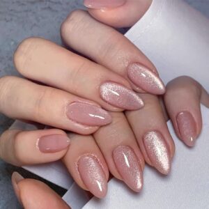 Cat Eye Press on Nails Medium Almond Acrylic Nails Pink Glossy Fake Nails Nude Full Cover Glue on Nails Cute Nature Stick on Nails Shiny Glitter False Nails for Women Manicure 24Pcs, Style5