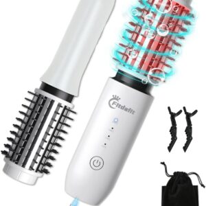 Cordless Hair Curling Iron Brush, 1.5" Mini Cordless Hair Curler, 3-in-1 Travel Curling Brush Hair Straightener Comb Rechargeable, Long Battery Portable Ionic Heated Tool, White