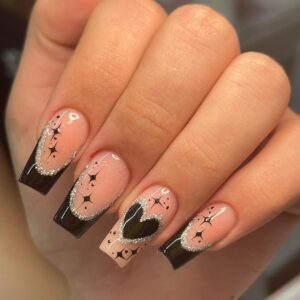 Black French Tip Press on Nails Medium Coffin Fake Nails with Black Heart Star Design Glue on Nails Glitter Glossy Full Cover Stick on Nails Reusable Acrylic Nails for Women Manicure 24Pcs