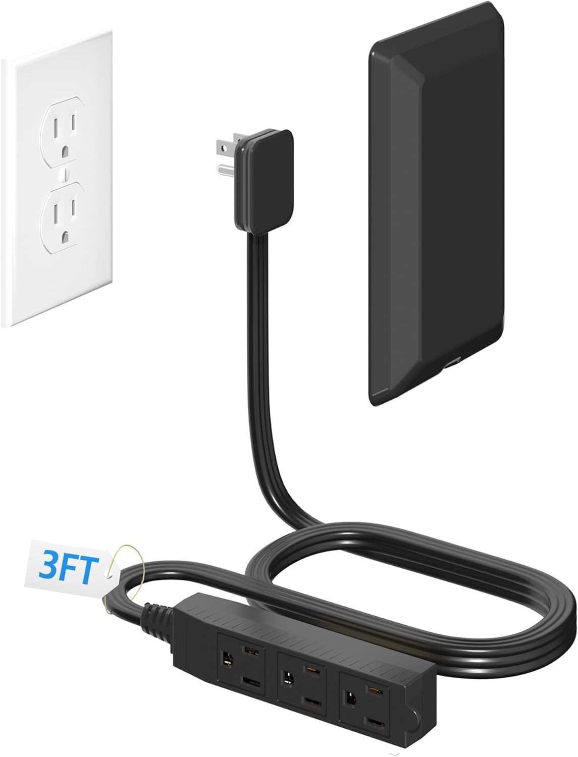 Flat Plug Extension Cord 3FT with Ultra Thin Outlet Concealer with Cord Concealer Kit,3 Outlet Power Strip,Universal Size for Home,Bedroom,Kitchen,Bathroom,Office,ETL Listed,Black