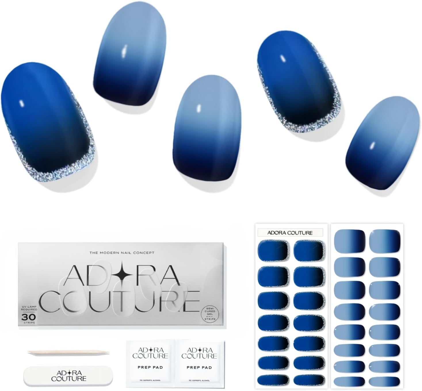 Semi Cured Gel Nail Strips with 30 Pieces, Salon Quality Nail Wraps for Women, Navy Blue Ombre UV Gel Nail Stickers, UV Light Required, Navy Regal