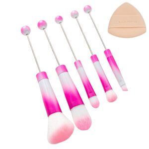 5pcs Beadable Makeup Brush Set + Free Powder Puff,DIY Angled Multi-Functional Cosmetic Brushes,Soft Synthetic Fibers,Perfect for Foundation & Eyeshadow,Ideal Gift for Women & Beginners (Pink-white)