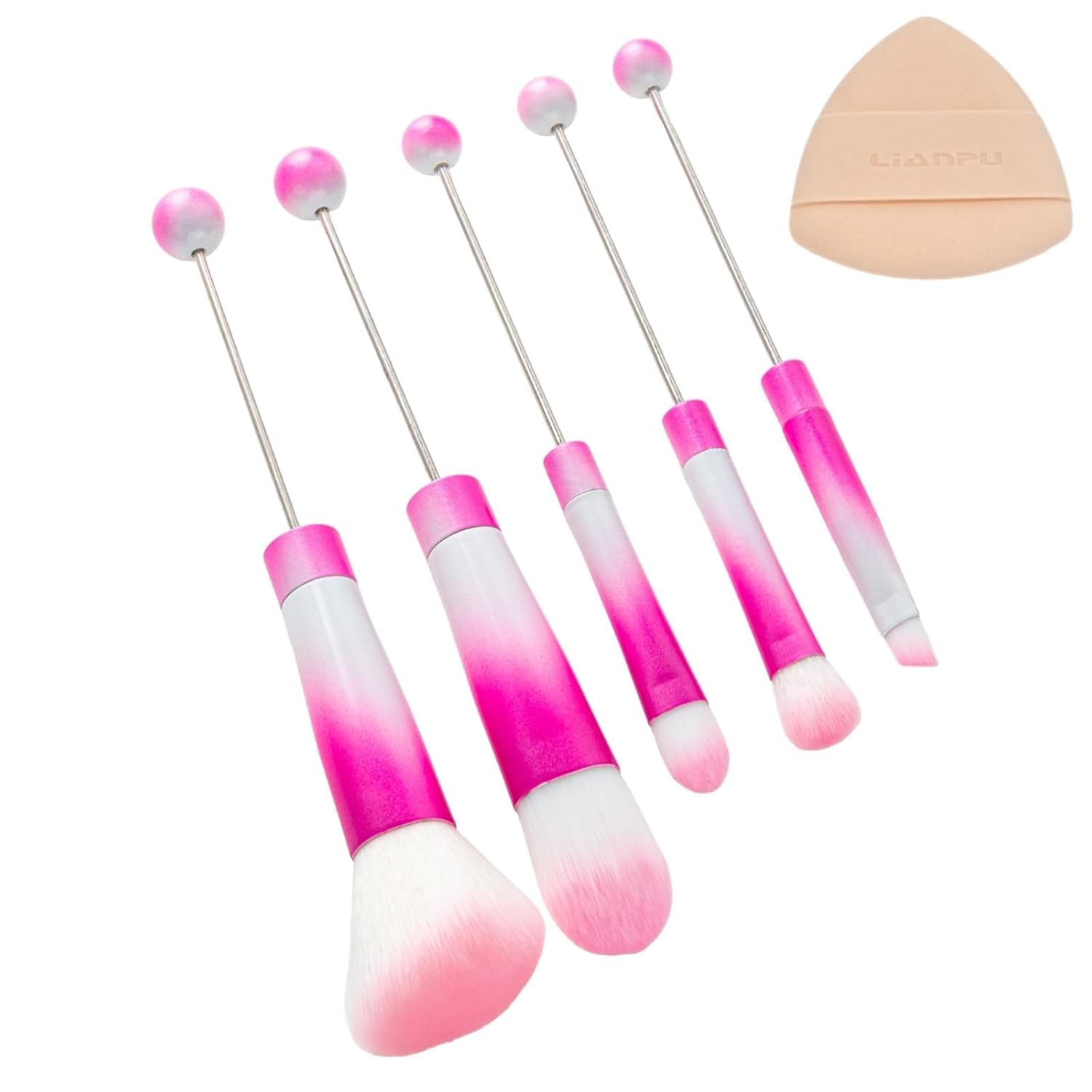 5pcs Beadable Makeup Brush Set + Free Powder Puff,DIY Angled Multi-Functional Cosmetic Brushes,Soft Synthetic Fibers,Perfect for Foundation & Eyeshadow,Ideal Gift for Women & Beginners (Pink-white)