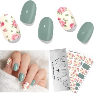 Semi Cured Gel Nail Strips with 30 Pieces, Salon Quality Wraps for Women, Glossy Pink Flower with Green Sage UV Gel Stickers, UV Light Required, Vintage Flowers A