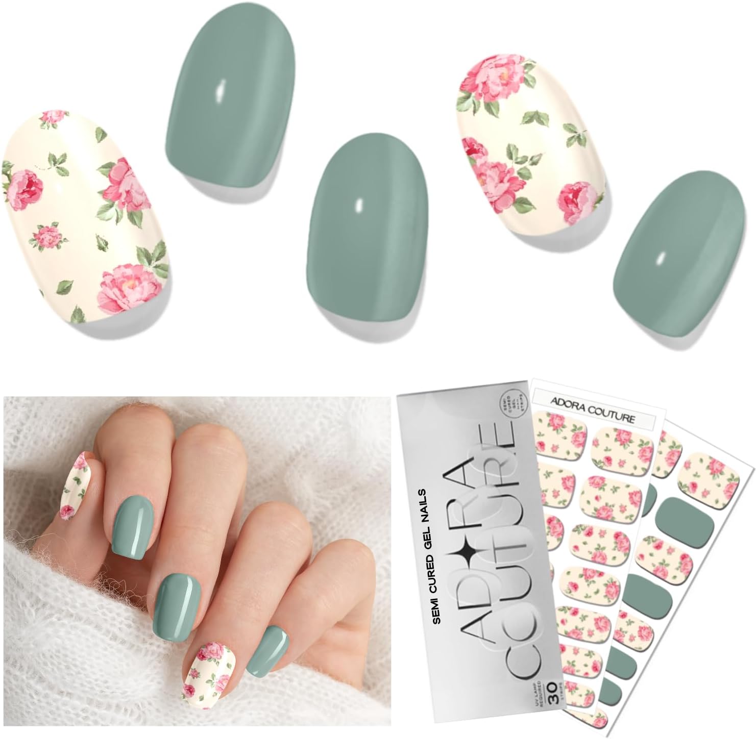 Semi Cured Gel Nail Strips with 30 Pieces, Salon Quality Wraps for Women, Glossy Pink Flower with Green Sage UV Gel Stickers, UV Light Required, Vintage Flowers A