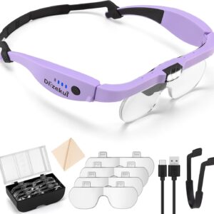 Magnifying Glass with Light 1.5X to 5.0X, Rechargeable Magnifying Glasses Head Magnifier, Lighted Magnify Glass with 4 Detachable Lenses, Magnifier Headset for Close Work Reading Jewelry