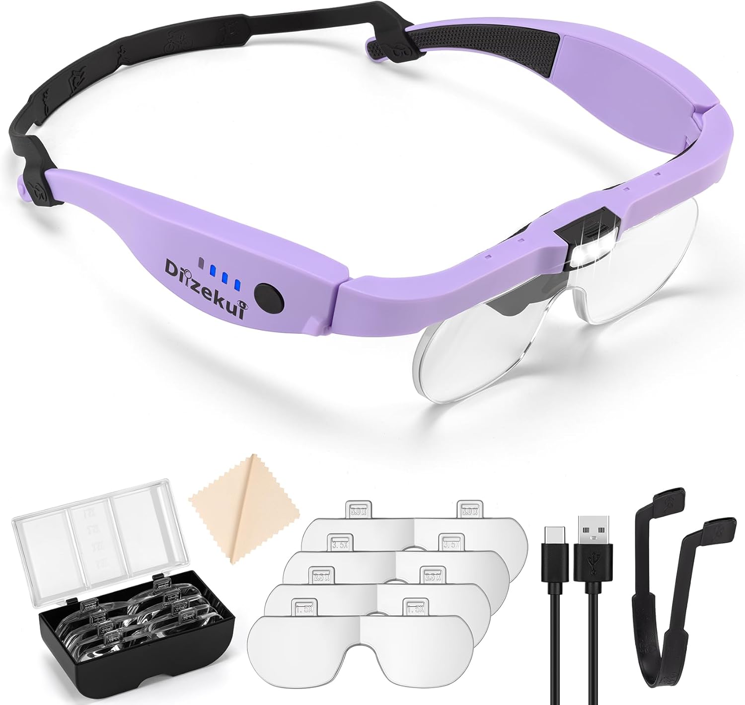 Magnifying Glass with Light 1.5X to 5.0X, Rechargeable Magnifying Glasses Head Magnifier, Lighted Magnify Glass with 4 Detachable Lenses, Magnifier Headset for Close Work Reading Jewelry