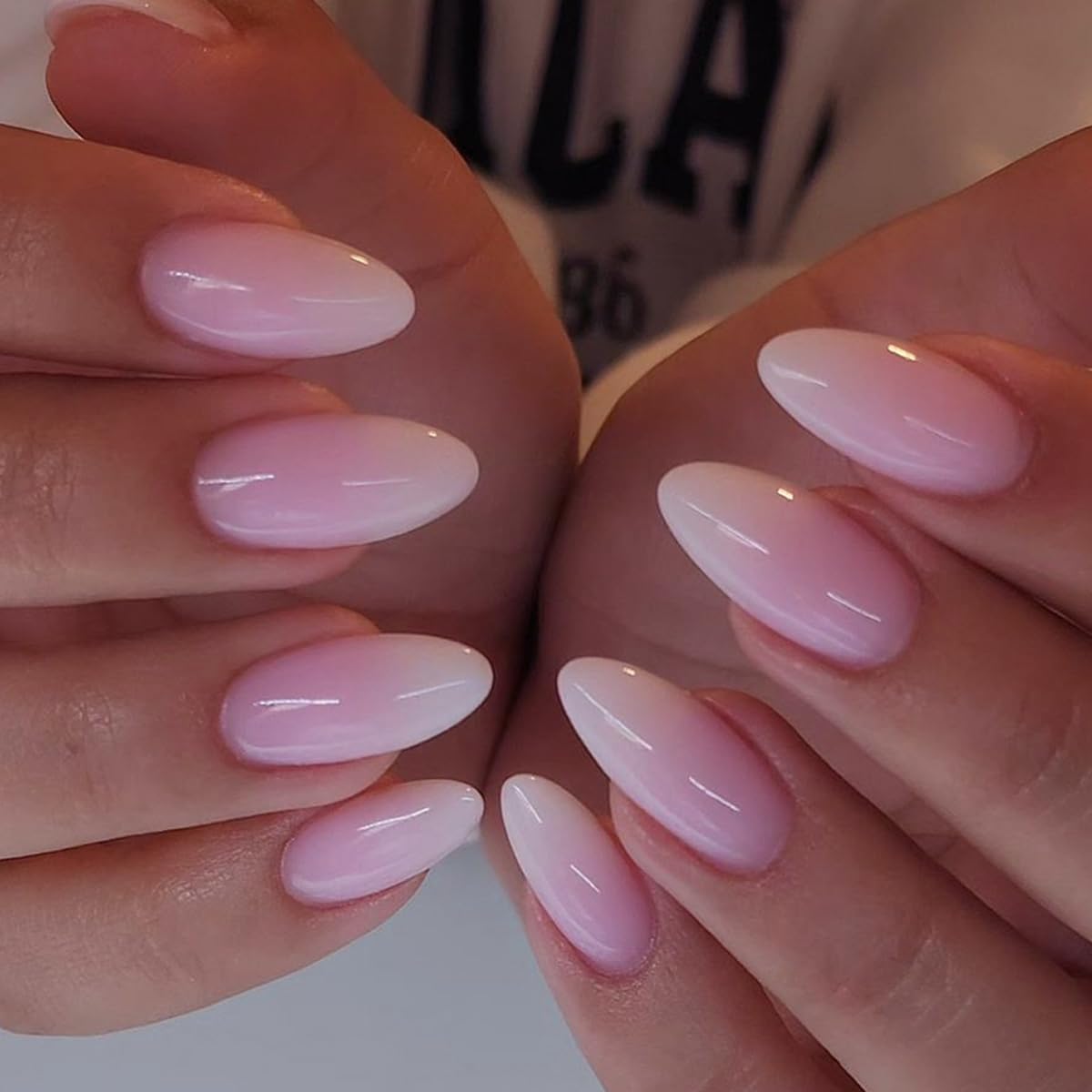 Almond Press on Nails Medium White Ombre Pink Fake Nails Women Cute Fantasy Glue on Nails Acrylic Gel Stick on Nails Classy Aesthetic False Nails Wedding Birthday