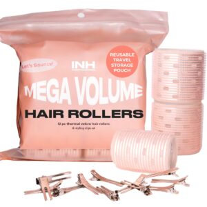 INH Hair Rollers | Volumizing Velcro Rollers Set for 90s Blowout Look | 12 pc Self Grip Ceramic Thermal Hair Rollers w/Clips for Volume & Styling | 4 Large, 4 Medium, & 4 Small Curlers