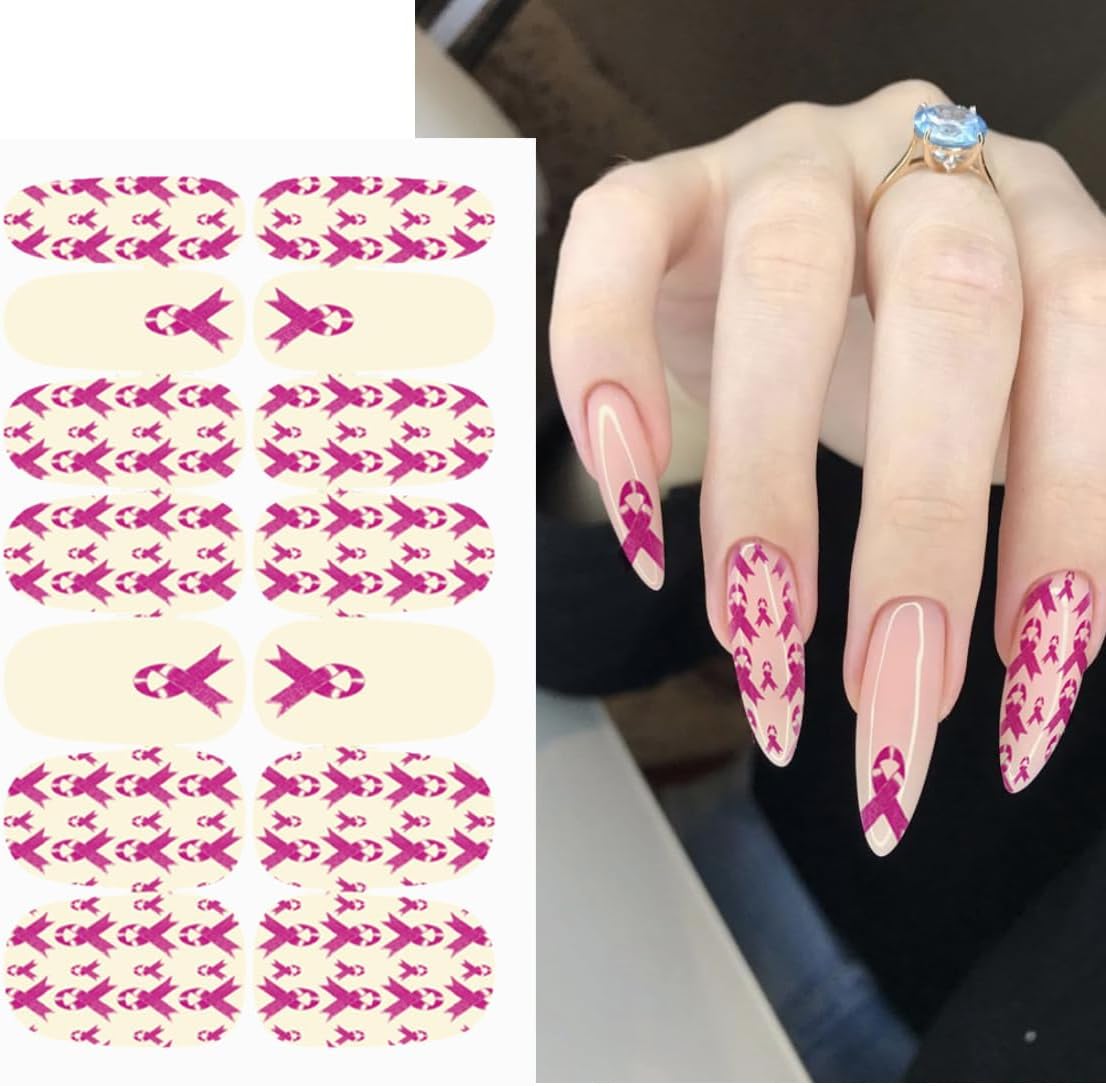 Pink Ribbon Breast Cancer Awareness Nail Art Stickers 6 Sheets Self-Adhesive for Women - Image 2