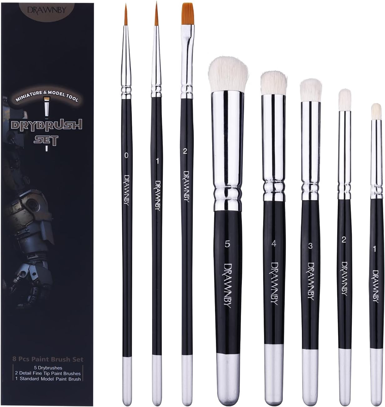 Miniature Painting Brush Set (8 PCs): 5 Drybrushes, 2 Fine Tip, 1 Standard for Advanced & Professional Tabletop & War Game Miniatures