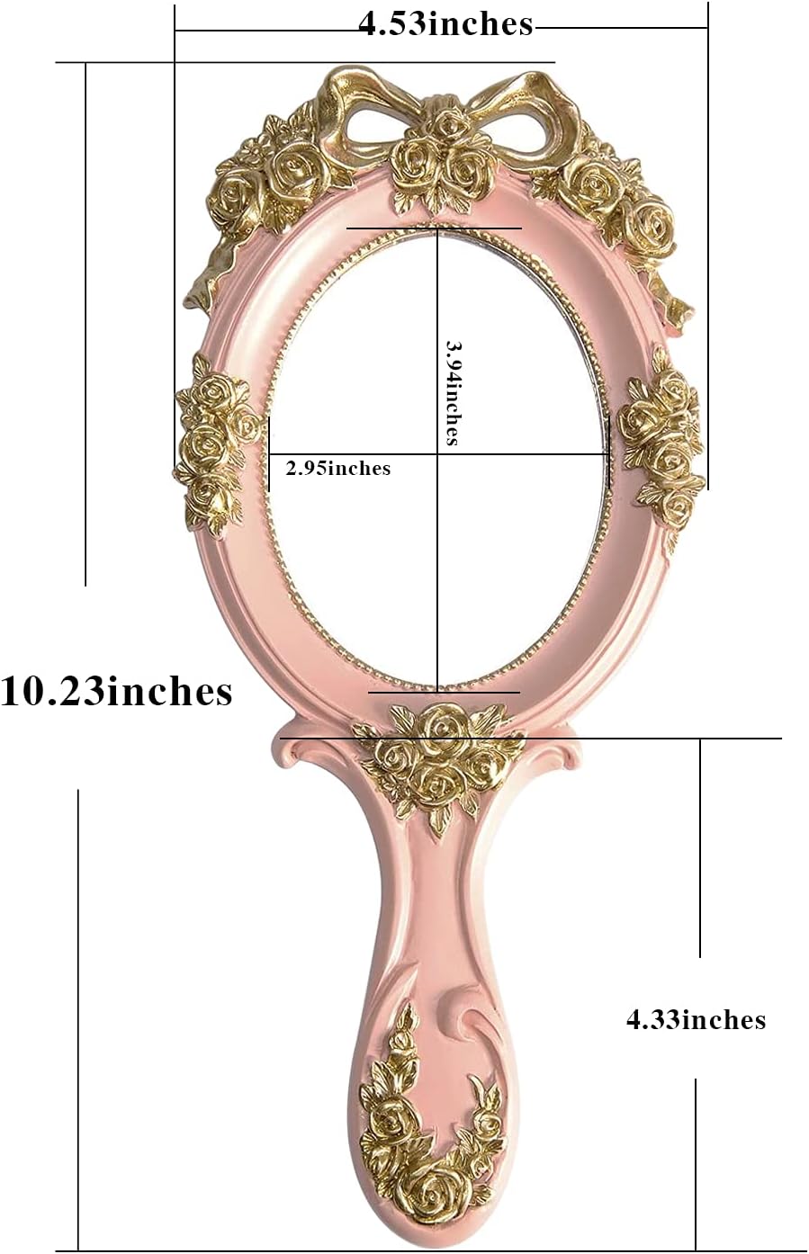 Nerien Pink Oval Handheld Makeup Mirror Decorative Rose Design - Image 2