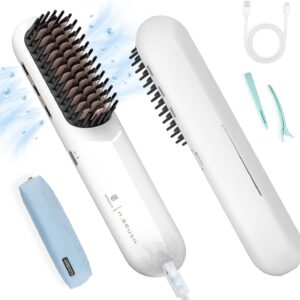 Cordless Hair Straightener Brush - [200M Negative Ions] Webeauty Porta Straightening Brush for Women, Fast Heating Straightener Mini Travel Europe Dual Voltage Car Outdoor USB Rechargeable, White