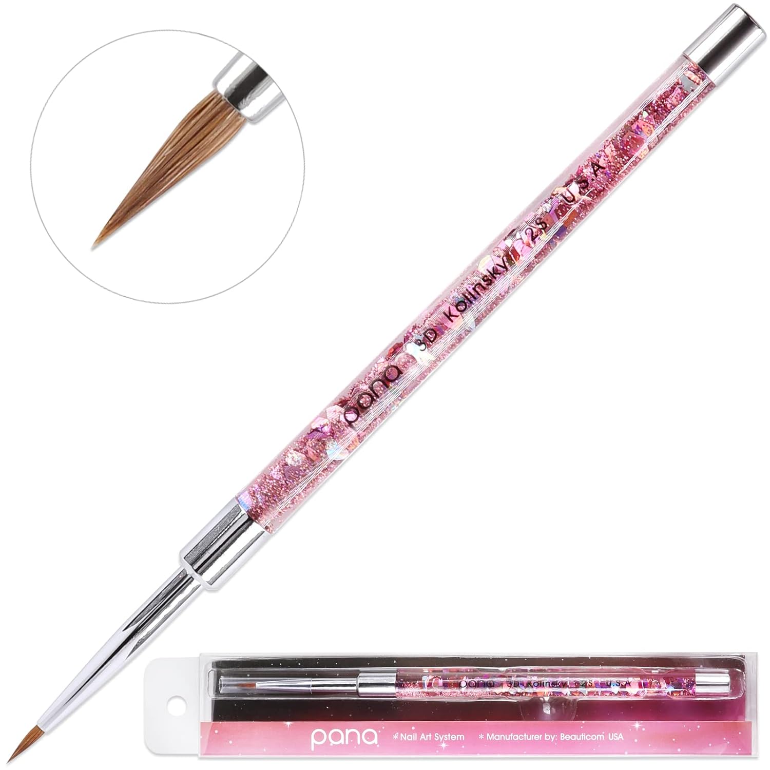 PANA 3D Kolinsky Acrylic Nail Art Brush Pink Glitter Handle Size 2 - Image 3