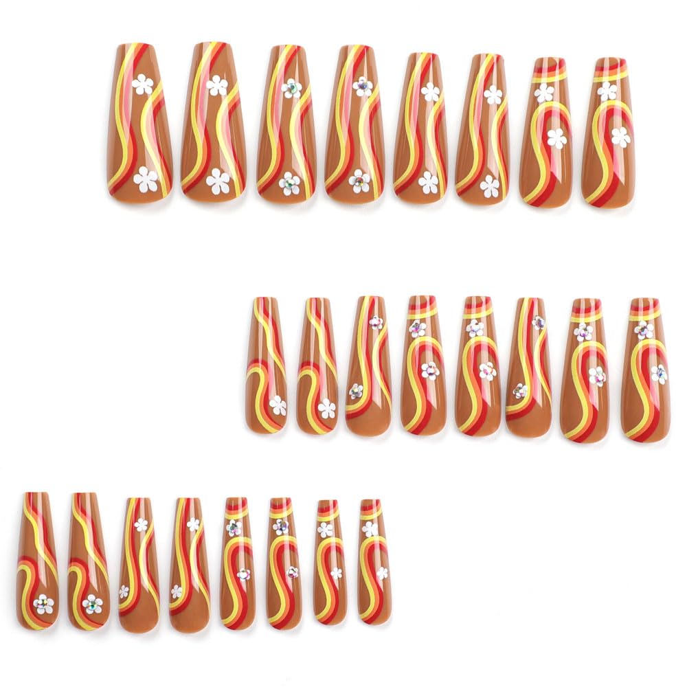 24 Pcs Long Coffin Flower Design Gel Glue Press on Nails for Women and Girls - Image 3