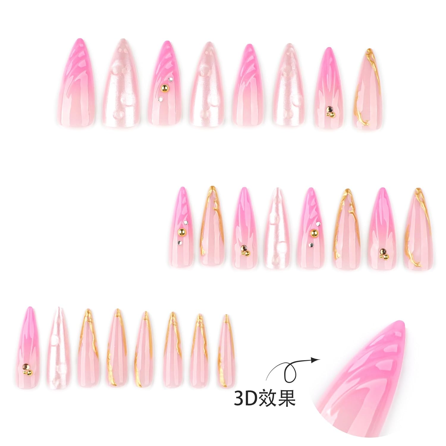 Glossy Pink Ombre Stiletto Press on Nails with Gold Design, Reusable 24 Piece Set - Image 5
