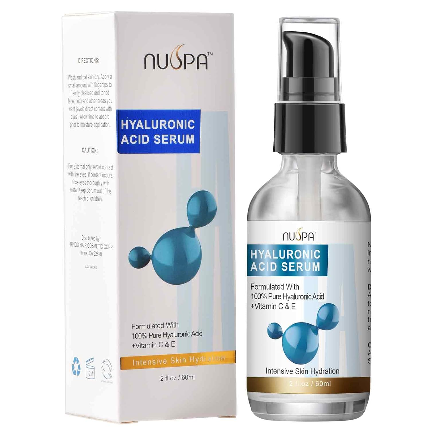 100% Pure Hyaluronic Acid Serum for Face Neck Body with Vitamin C Vitamin E for Skincare Hydrate, Moisturizer, Plump Skin, Reduce Wrinkles, Anti Aging Serum, 2 Oz