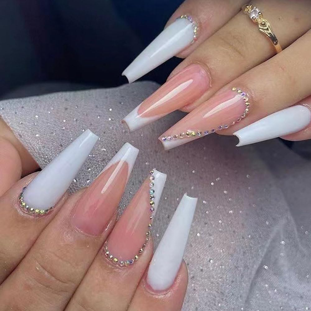 White Long Press on Nails Coffin Fake Nails with Rhinestones Design Gel Glue on Nails for Women Girls Full Cover Acrylic False Stick on Nail Manicure for Wedding Birthday 24Pcs