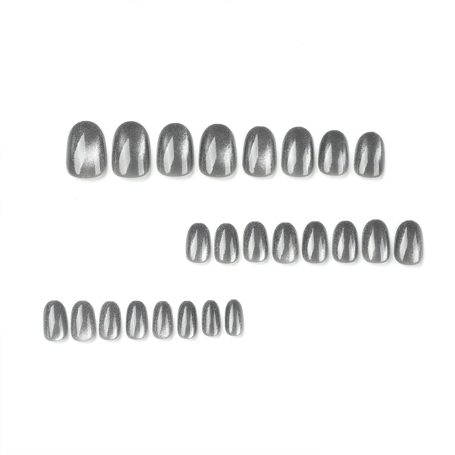 Glossy Grey Oval Short Press-On Nails with Cat Eye Glitter Designs, 24 Pieces - Image 3