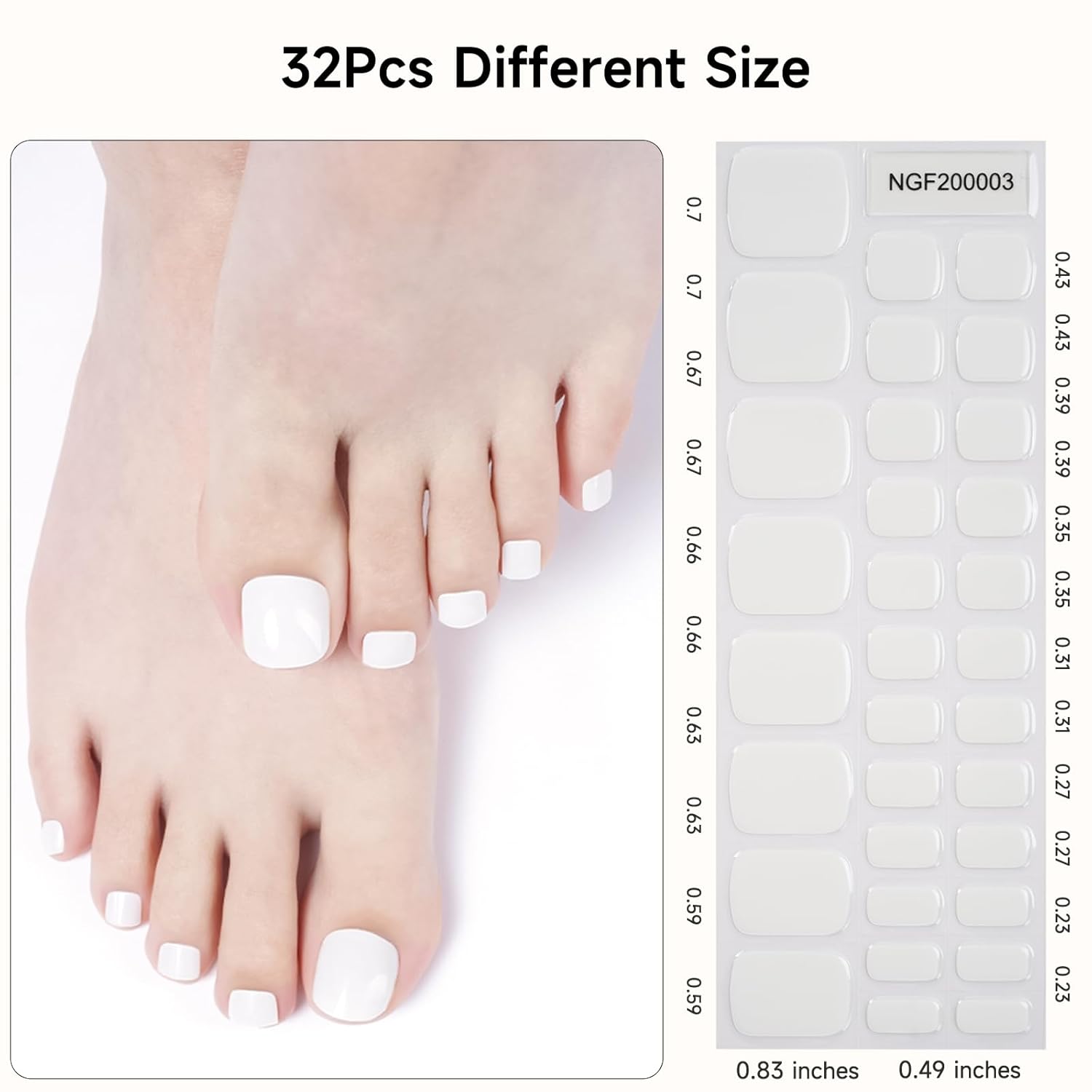 32 Solid Color Semi Cured Gel Toenail Stickers with Prep Pads and Nail File, Snow White - Image 5