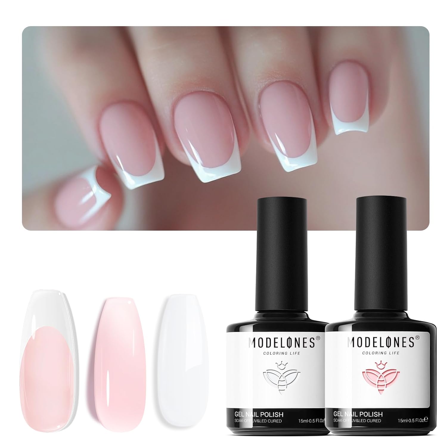 Modelones 2 PCS French Manicure Gel Polish Set 15 ML White Sheer Nude Pink - Image 2