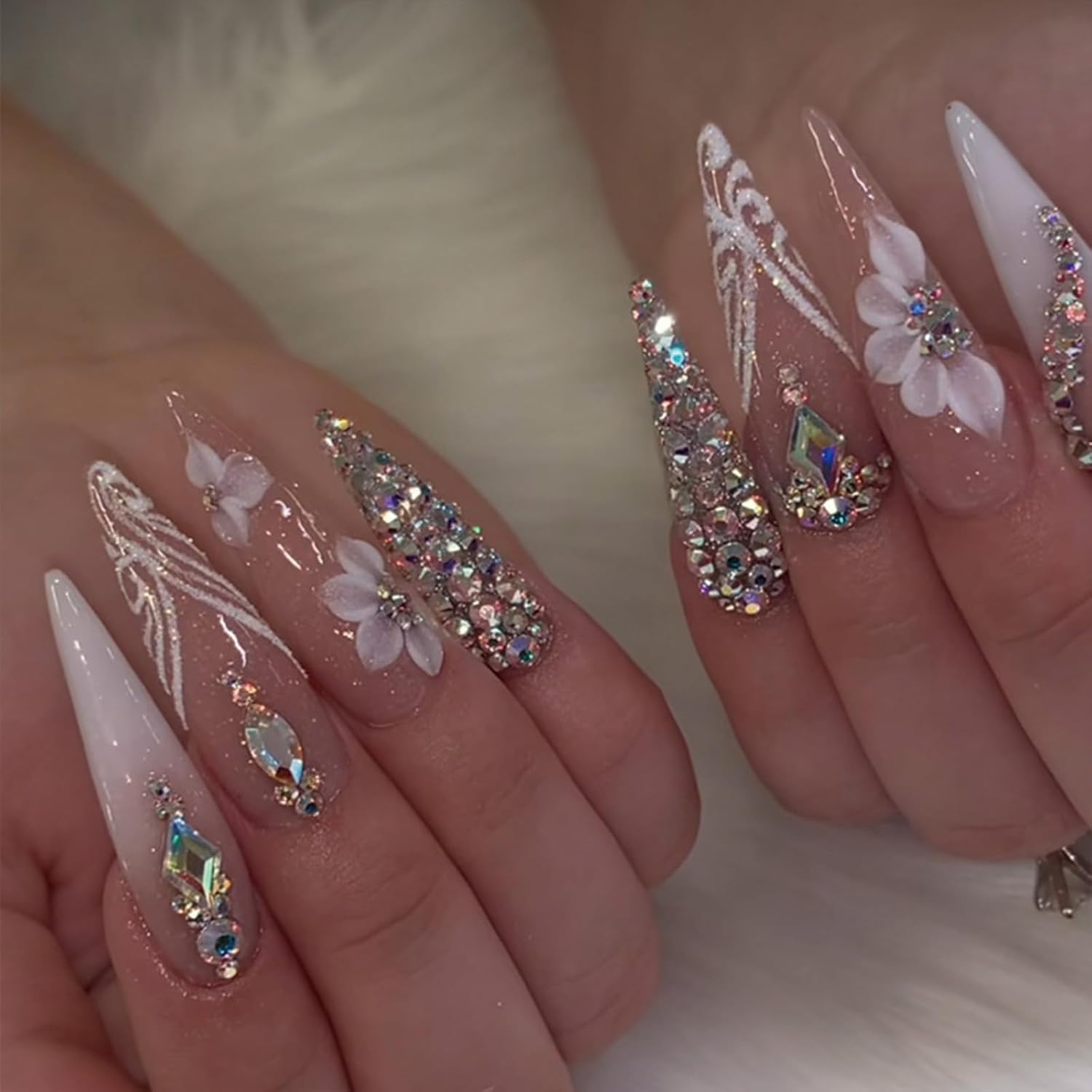 SINHOT 24pc Long Glossy Stiletto Press on Nails with Rhinestone Glitter Design - Image 3