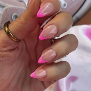 KQueenest 30 Pcs Hot Pink French Tip Press on Nails Short Almond Nails Acrylic, Natural Nude Medium Fake Nails Press ons, Classic Glue on Nails Short, Gel French Tip Nails for Women DIY Manicure