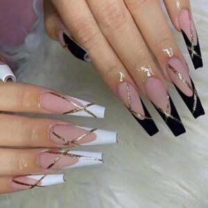 Press On Nails - Long, French, Glue On, Full Cover, Reusable, Coffin, False Nails Set - Glossy Gold Line Design - Stick On Acrylic Nails for Women's Manicure Decorations