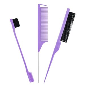 3pcs Hair Styling Comb Set Hair Dressing Tools Teasing Hair Brush Stainless Steel Rat Tail Comb Edge Control Hair Brush for Back Brushing, Combing, Braiding, Slicking Hair for Women