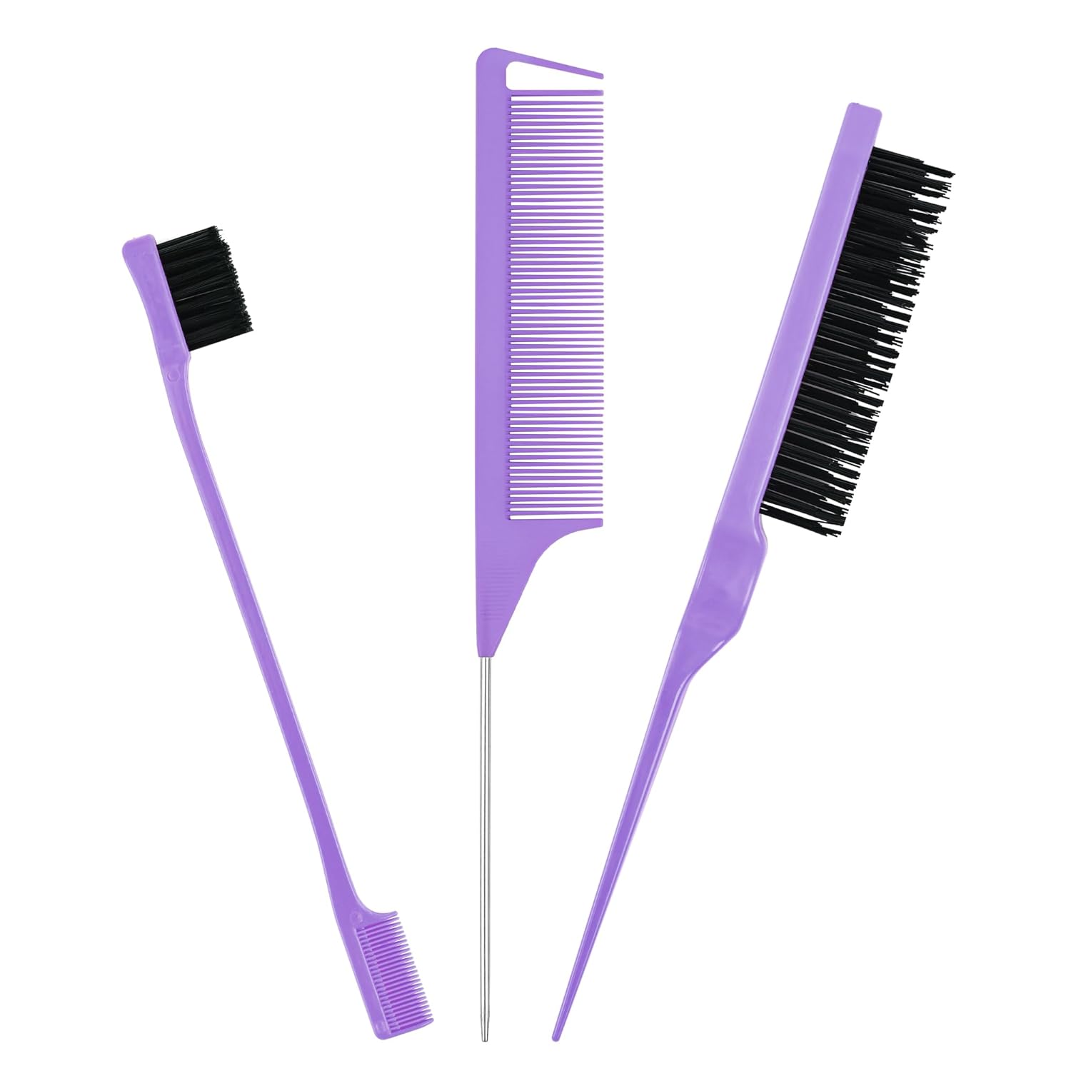 3pcs Hair Styling Comb Set Hair Dressing Tools Teasing Hair Brush Stainless Steel Rat Tail Comb Edge Control Hair Brush for Back Brushing, Combing, Braiding, Slicking Hair for Women