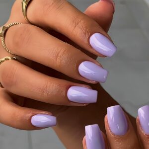 KQueenest 30 PCS Light Purple Press on Nails Short Medium Square,Salon Natural Lilac Fake Nails Acrylic,Bright Color Gel Glue on Nails,Thick Short Coffin False Nails Set,Varied Sizes for Women