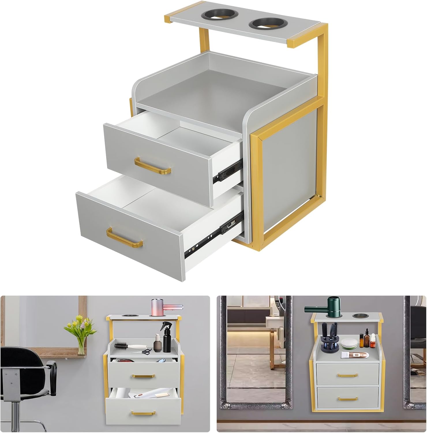 Gold and Grey Salon Workstation with 2 Drawers and Hair Dryer Holder - Image 4