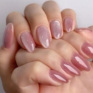 30 Pcs Rose Gold Press on Nails Short Almond,MINGCHUN Summer Fake Nails Press ons Acrylic Nail Art Tip Kit Full Cover False Nails Glue on Nails with Cat's Eye Glitter Glossy Design for Women