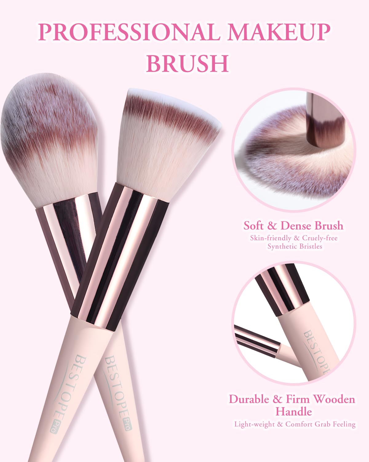 20 Piece Pink Travel Makeup Brush Set with LED Light Mirror and 2 Powder Puffs - Image 3