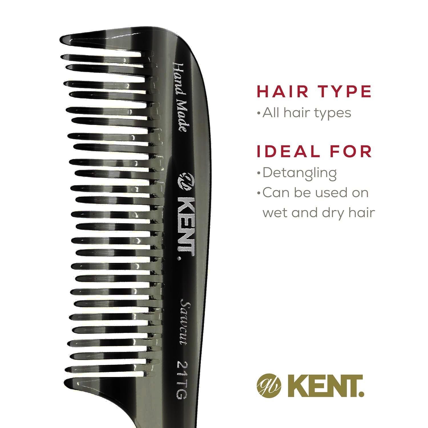 Kent 21T Large Black Graphite Detangling Comb for Curly Wavy Hair, Handmade, Double Wide Tooth - Image 6