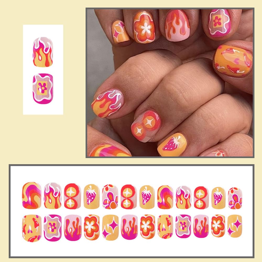 24 Piece Short Square Spring Orange Acrylic Press On Nails Manicure Kit for Women - Image 2