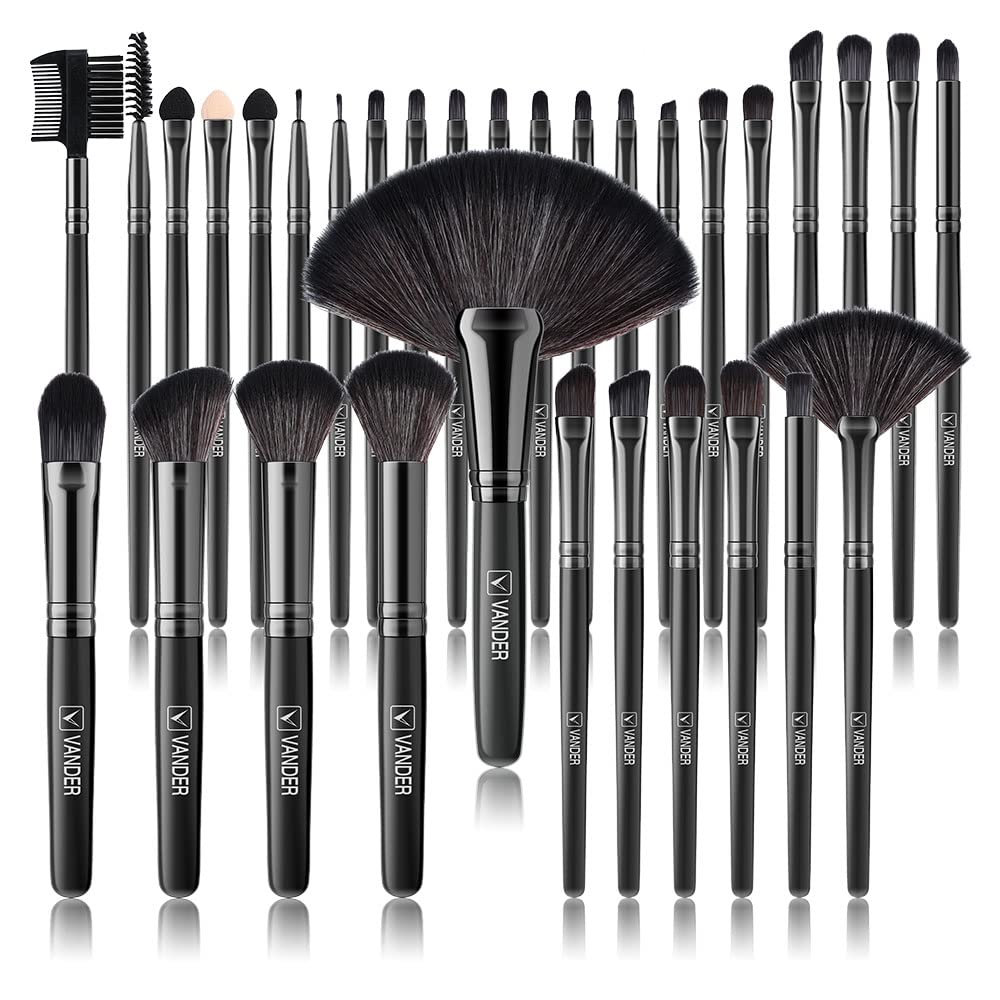 Vander Makeup Brushes, 32Pcs Professional Premium Synthetic Makeup Brush Set, Eyeshadow Foundation Blending Face Contour Cosmetic Brush Travel Make up Brushes Set for Women, Girl (Black)