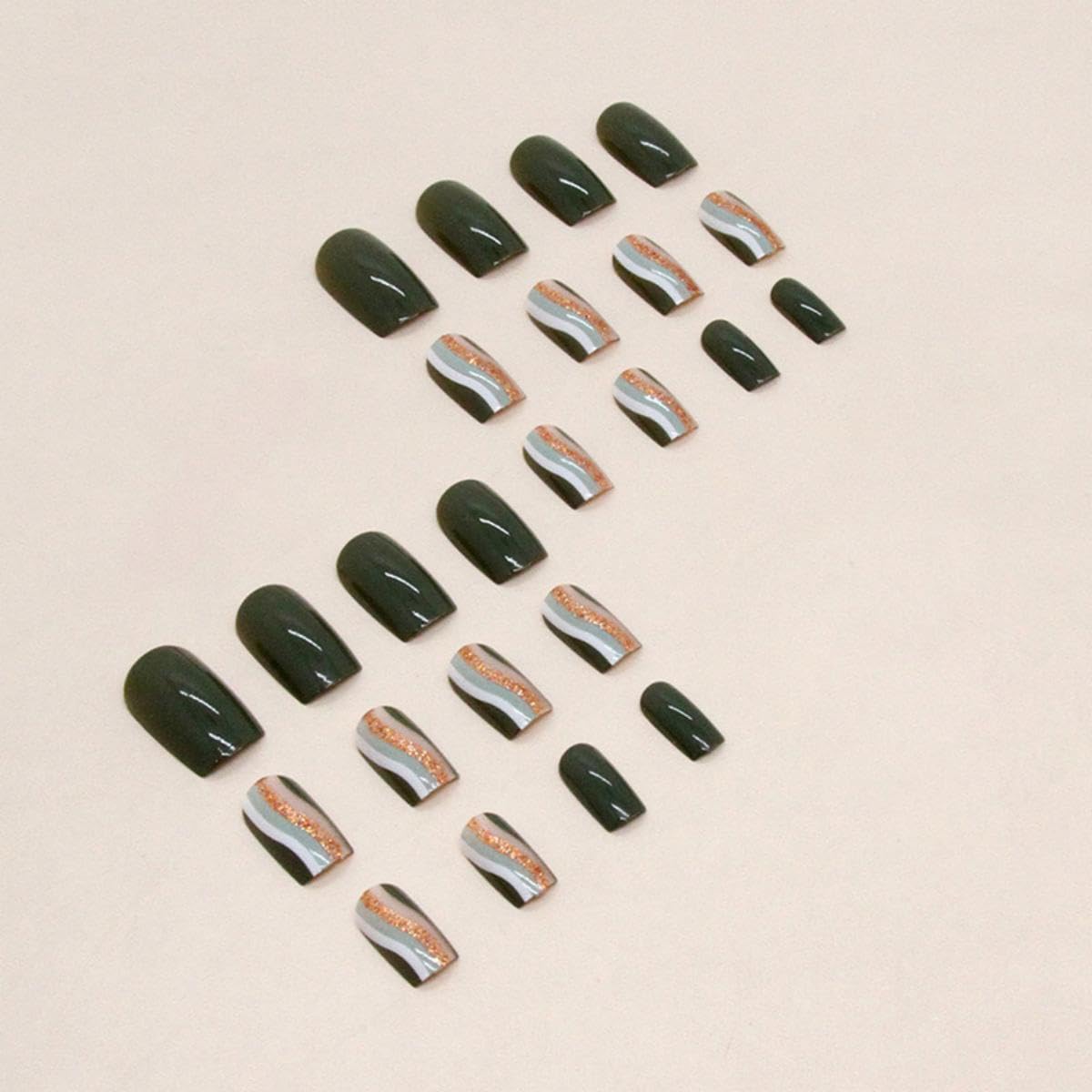 Green Short Square Press-On Nails 24pc Pack Gold Glitter Line Design Daily Wear - Image 3