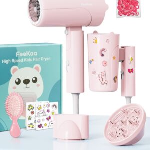 FeeKaa Foldable High Speed Kids Hair Dryer 100 Million Negative Ions, Mini Ionic Travel Kids Blow Dryer with Diffuser Concentrator Detangler Brush Hair Ties Cute Stickers, Compact, Lightweight, Quiet